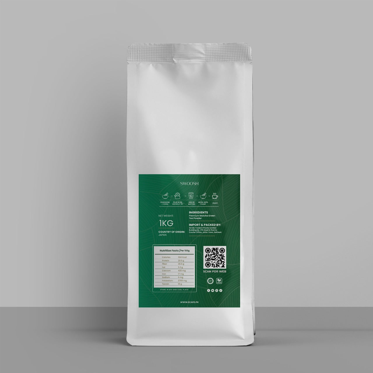 Swoosh Ceremonial Grade Matcha 1kg authentic Japanese Matcha tea powder for lattes and ceremonies - S Cafe Pakistan
