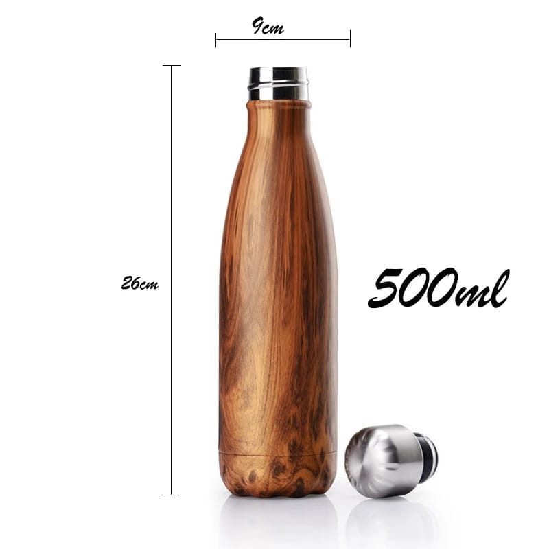 500ml Insulated Vaccum Swell Bottle, Creative Double Wall, 304 Stainless Steel, for Coffee,Shakes,Tea, And any beverage. Teak Brown Wooden Colour.