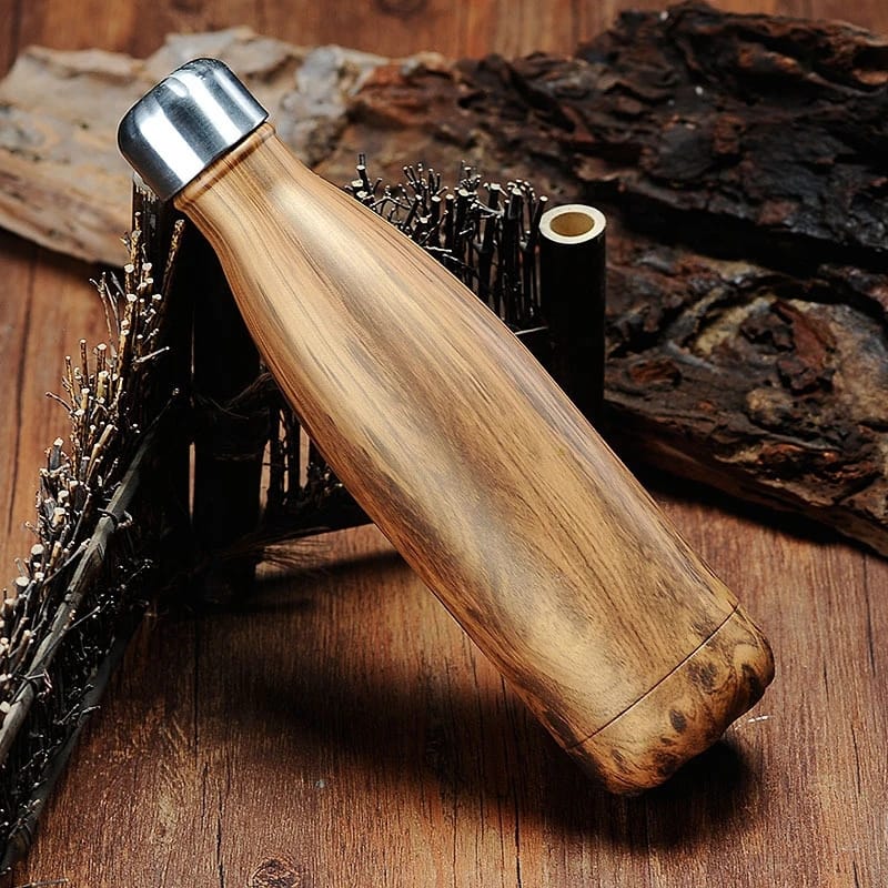 500ml Insulated Vaccum Swell Bottle, Creative Double Wall, 304 Stainless Steel, for Coffee,Shakes,Tea, And any beverage. Teak Brown Wooden Colour.
