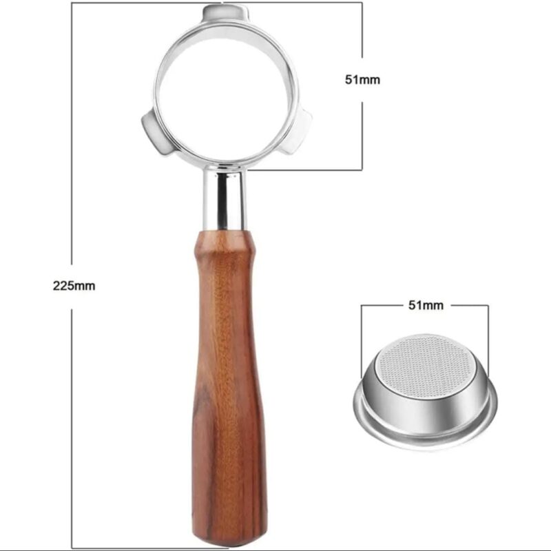 51mm Stainless Steel Bottomless Portafilter with Elegant Wooden Handle for Delonghi Dedica and others
